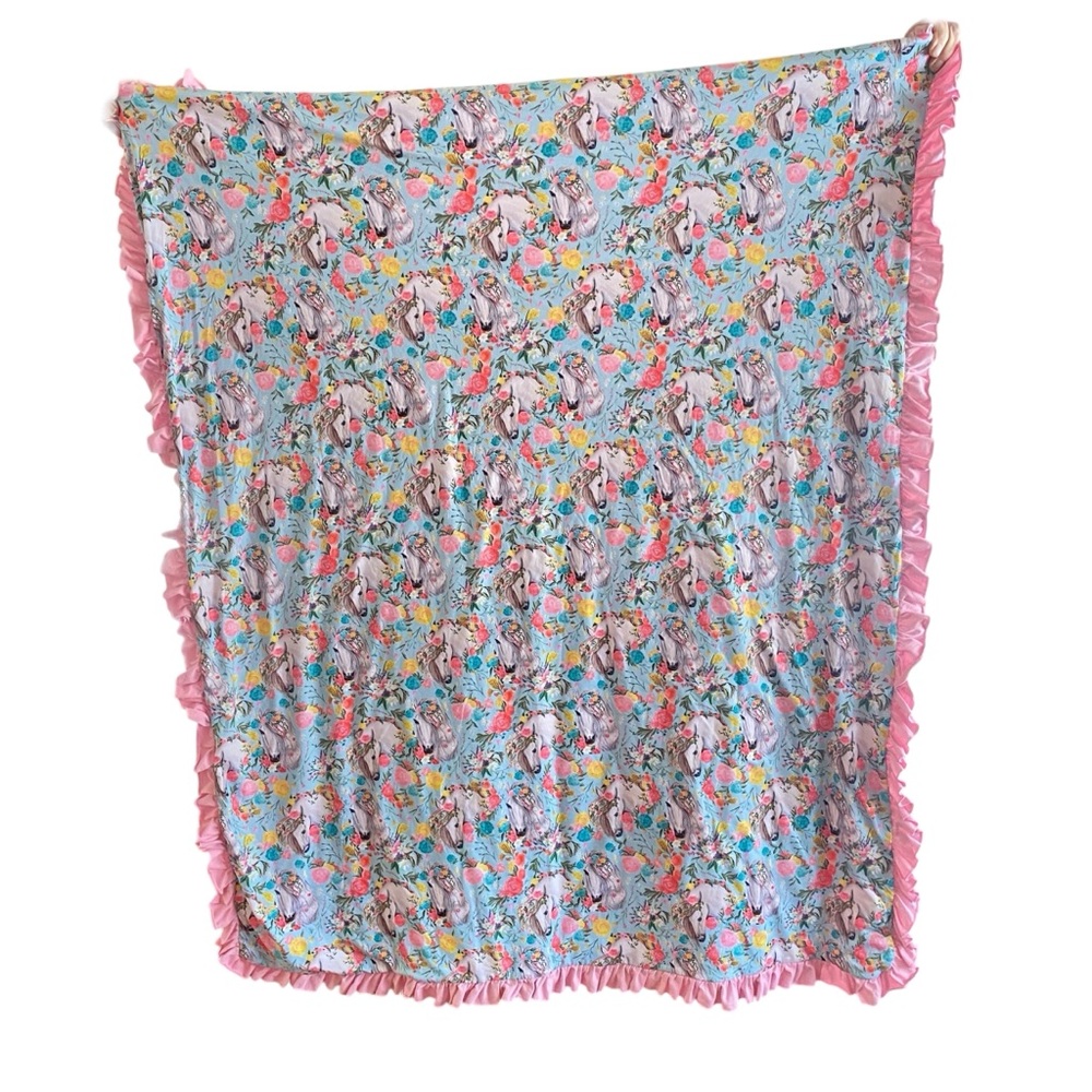 Whimsical Floral Horse Print Throw Blanket w/Solid Pink on the back side Ruffles